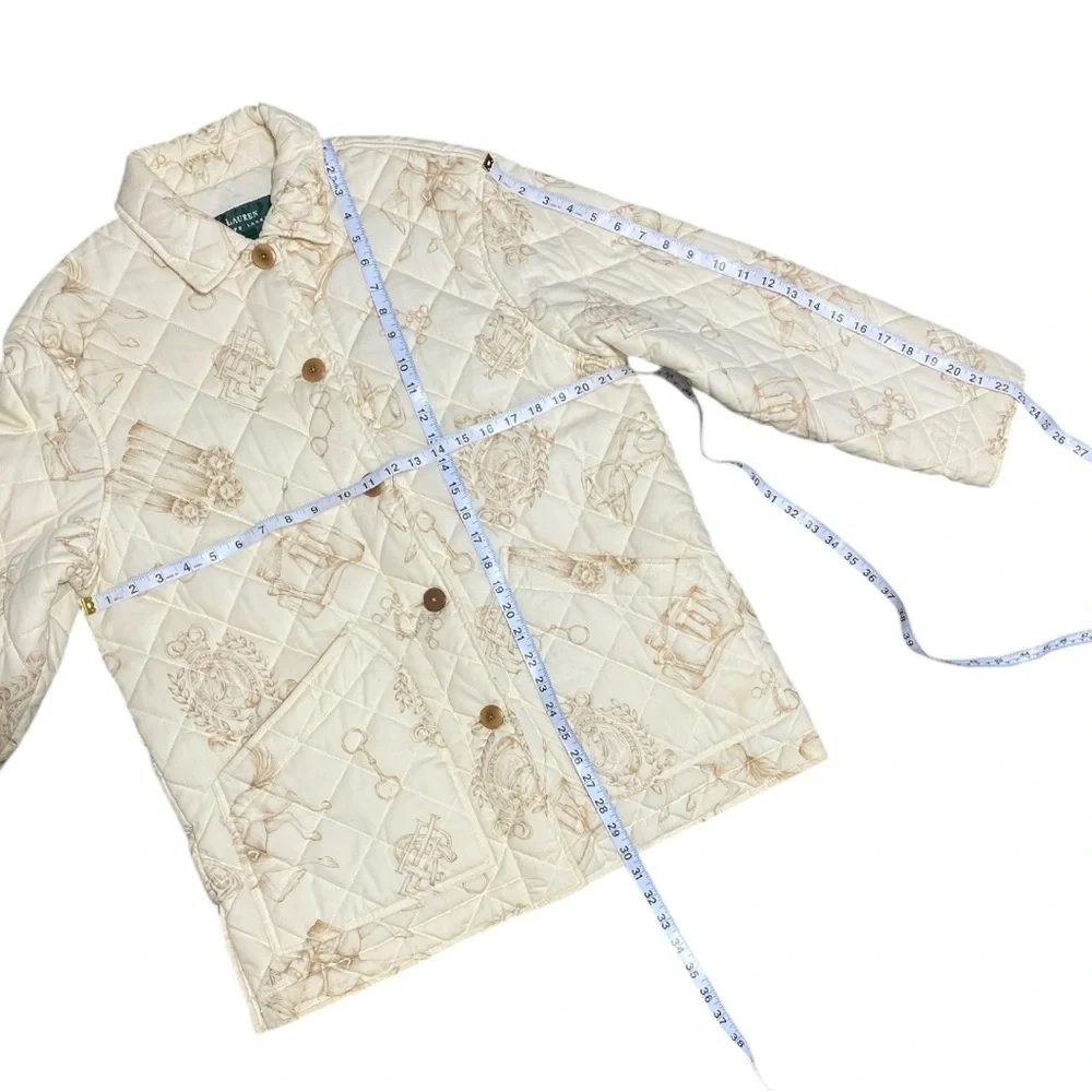Lauren Ralph Lauren Quilted Cream Equestrian Print Button Utility Jacket Medium